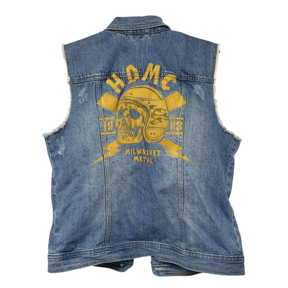 Harley Davidson Milwaukee Metal Yellow Skull Raw Edge Denim Vest Womens
